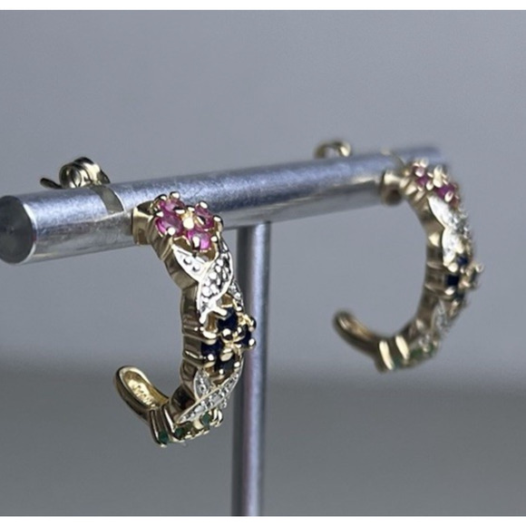 Gold Vermeil 925 Sterling Silver Sapphire Hoop Earrings Huggie Small Hoops - Picture 3 of 16